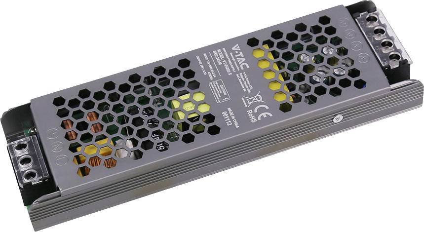 Black metal LED power supply with honeycomb vents and visible wiring terminals on both ends, shown at an angle on a white background.