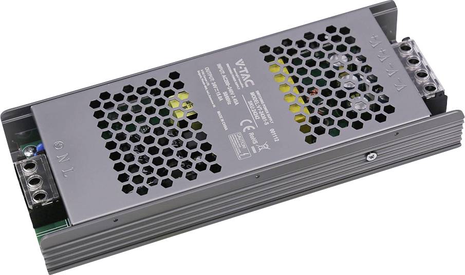 Metal-cased power supply unit with honeycomb вентиляции, terminal screws at both ends, shown on a white background.