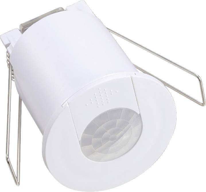 White recessed ceiling motion sensor light with round lens and metal spring clips