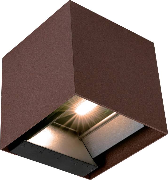 Brown cube-shaped wall light fixture with a glowing bulb inside and a black lower trim, shown against a white background.