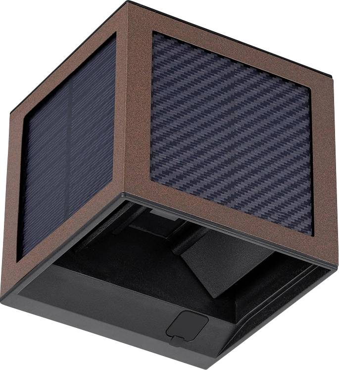 Wall-mounted cube light fixture with textured brown frame and dark interior, viewed from below against a white background.