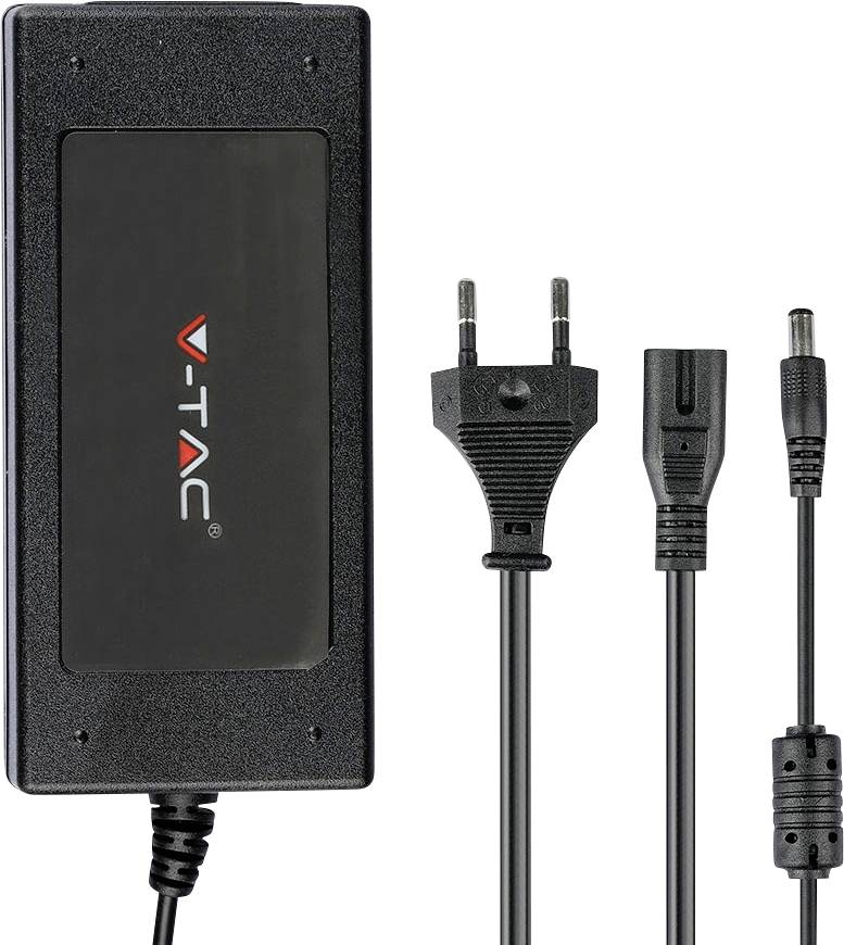 Black V-TAC power adapter with European plug and attached output cable, shown with interchangeable connector tips.