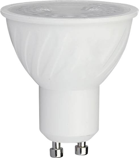 White LED spotlight bulb with reflector-style top and two-pin base on a plain background.