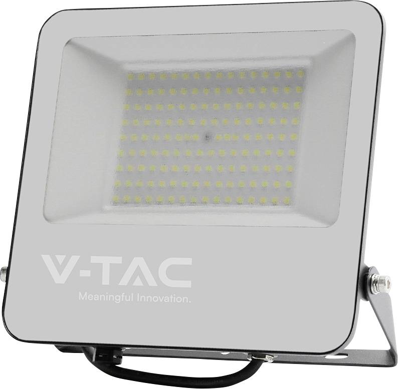 Gray V-TAC LED floodlight with rectangular reflector and bracket mount on a white background.