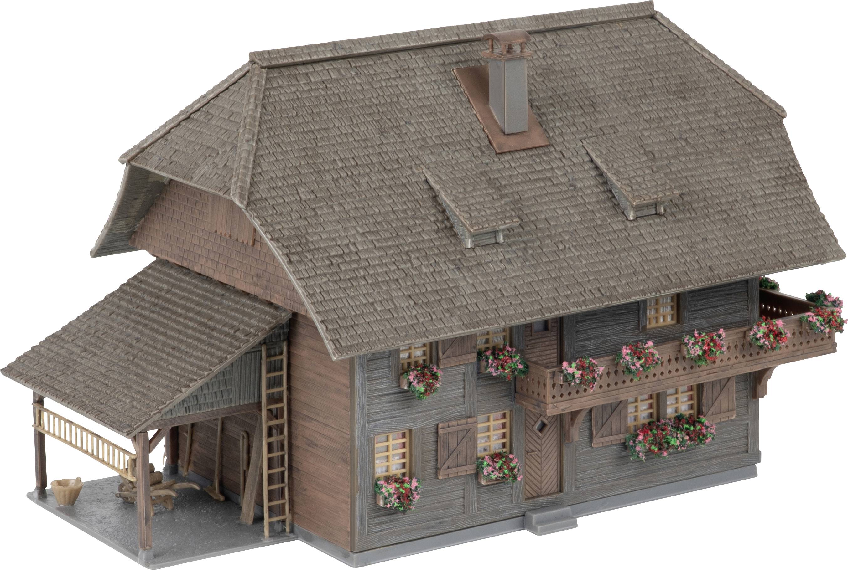 3D model of a rustic two-story farmhouse with steep shingled roof, covered porch, and flower boxes on a white background.