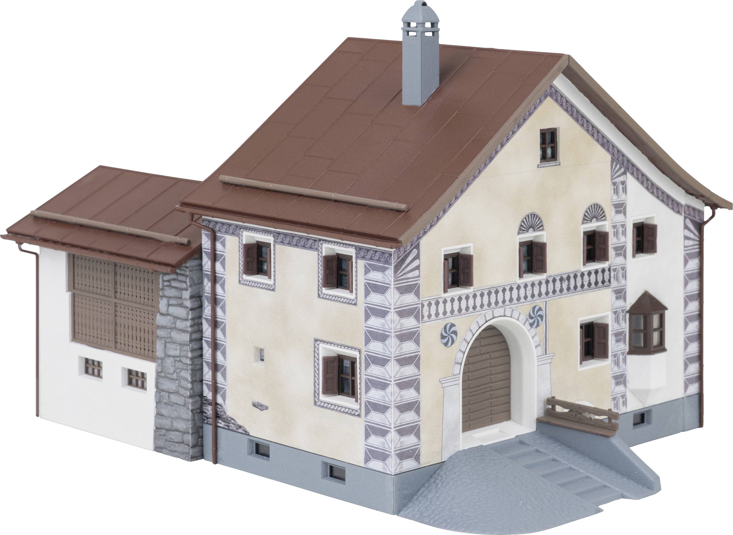3D model of a traditional chalet-style house with a brown roof, stone base, arched entrance, and exterior staircase.
