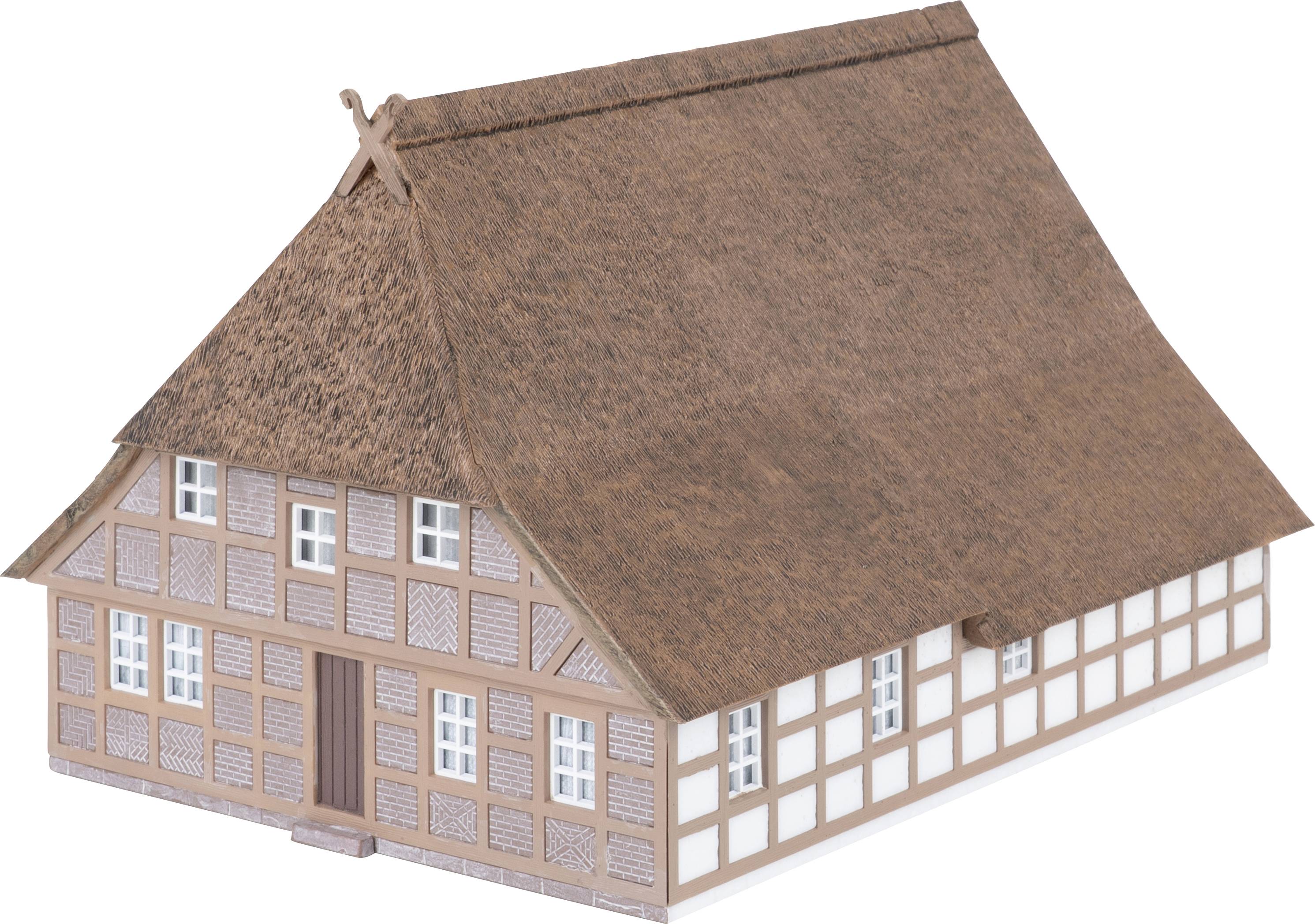 3D model of a traditional timber house with a steep thatched roof and white-framed windows, shown on a plain white background.