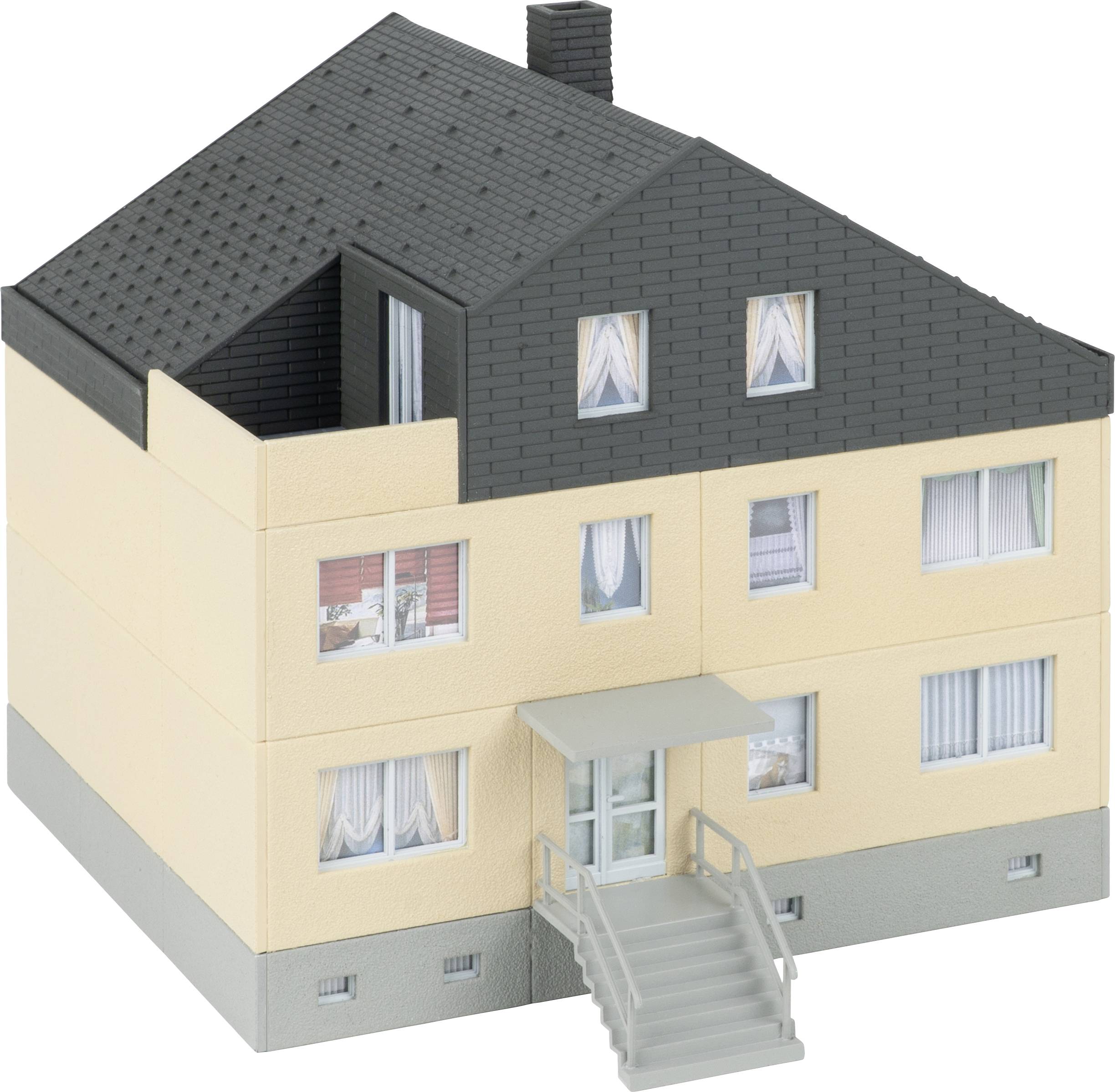 3D model of a beige three-story apartment building with dark roof, windows, balcony, and front stairs.