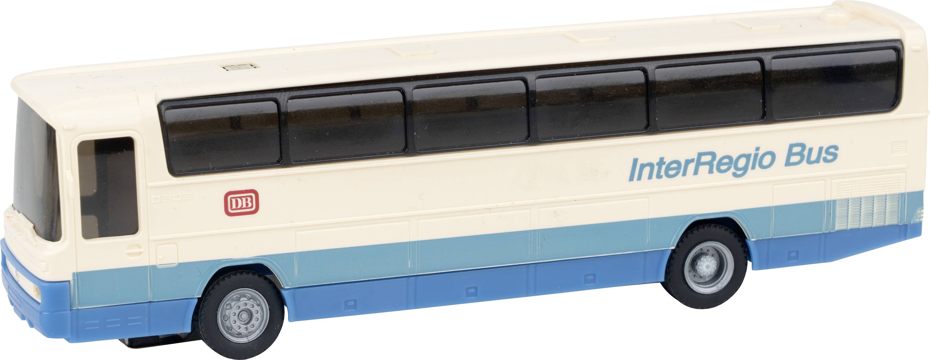 Side view of a cream and blue InterRegio Bus coach on a white background