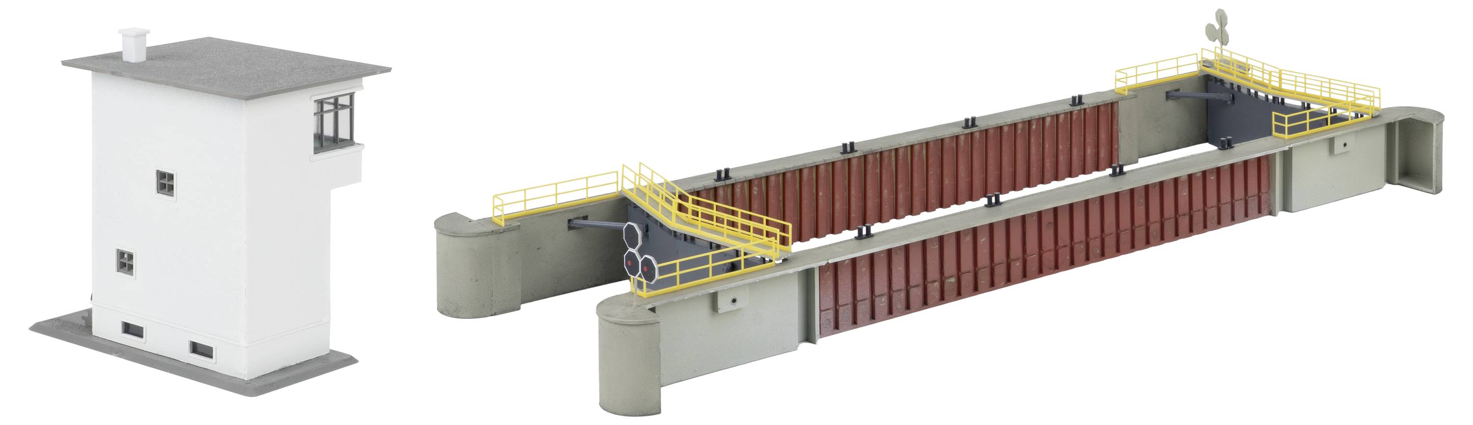 3D rendering of a lock gate or bridge-like industrial structure with yellow handrails, red side panels, and a separate white control tower building.