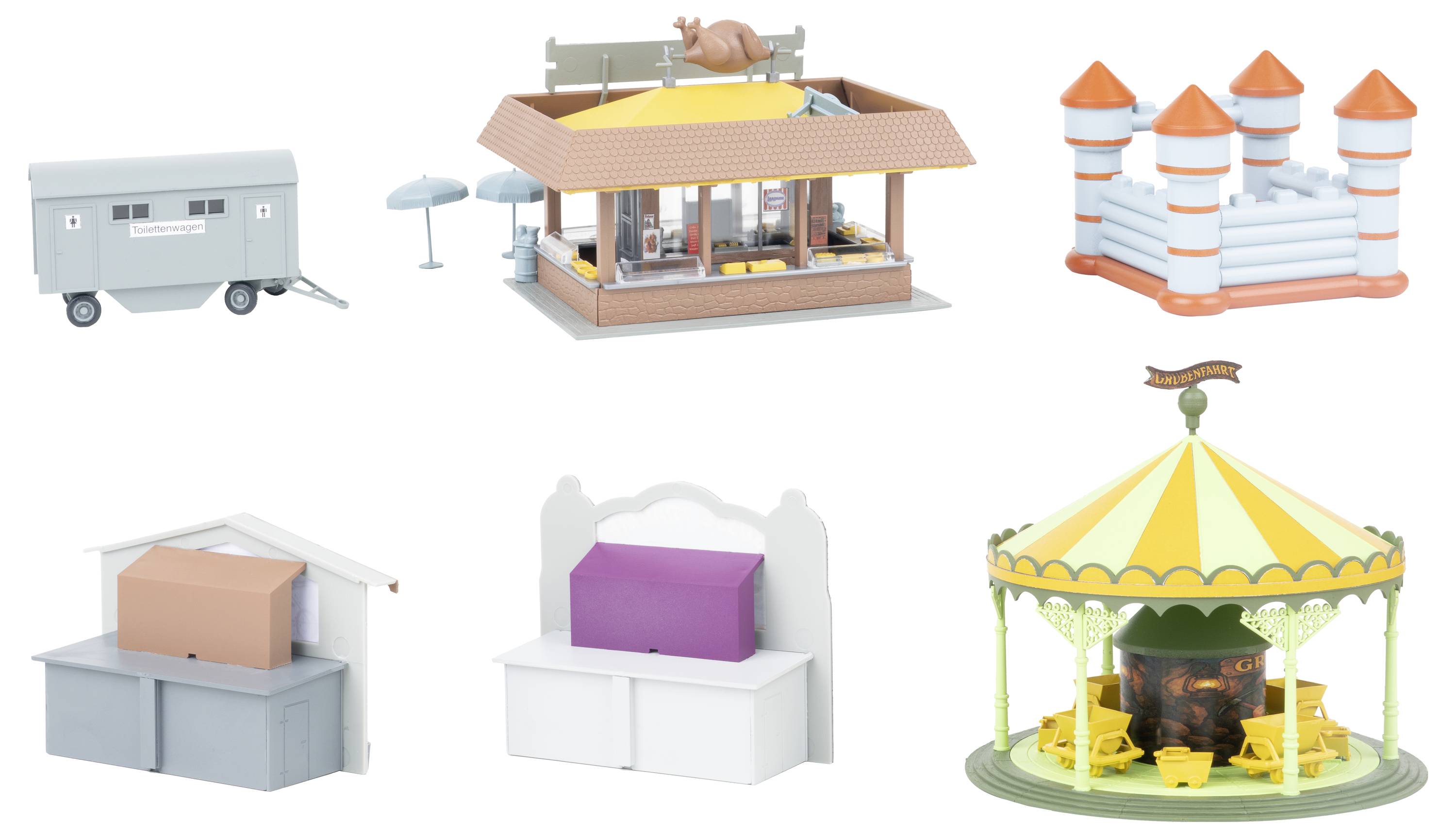 Six miniature market and kiosk models, including trailers, stalls, storage units, and a carousel-style kiosk.