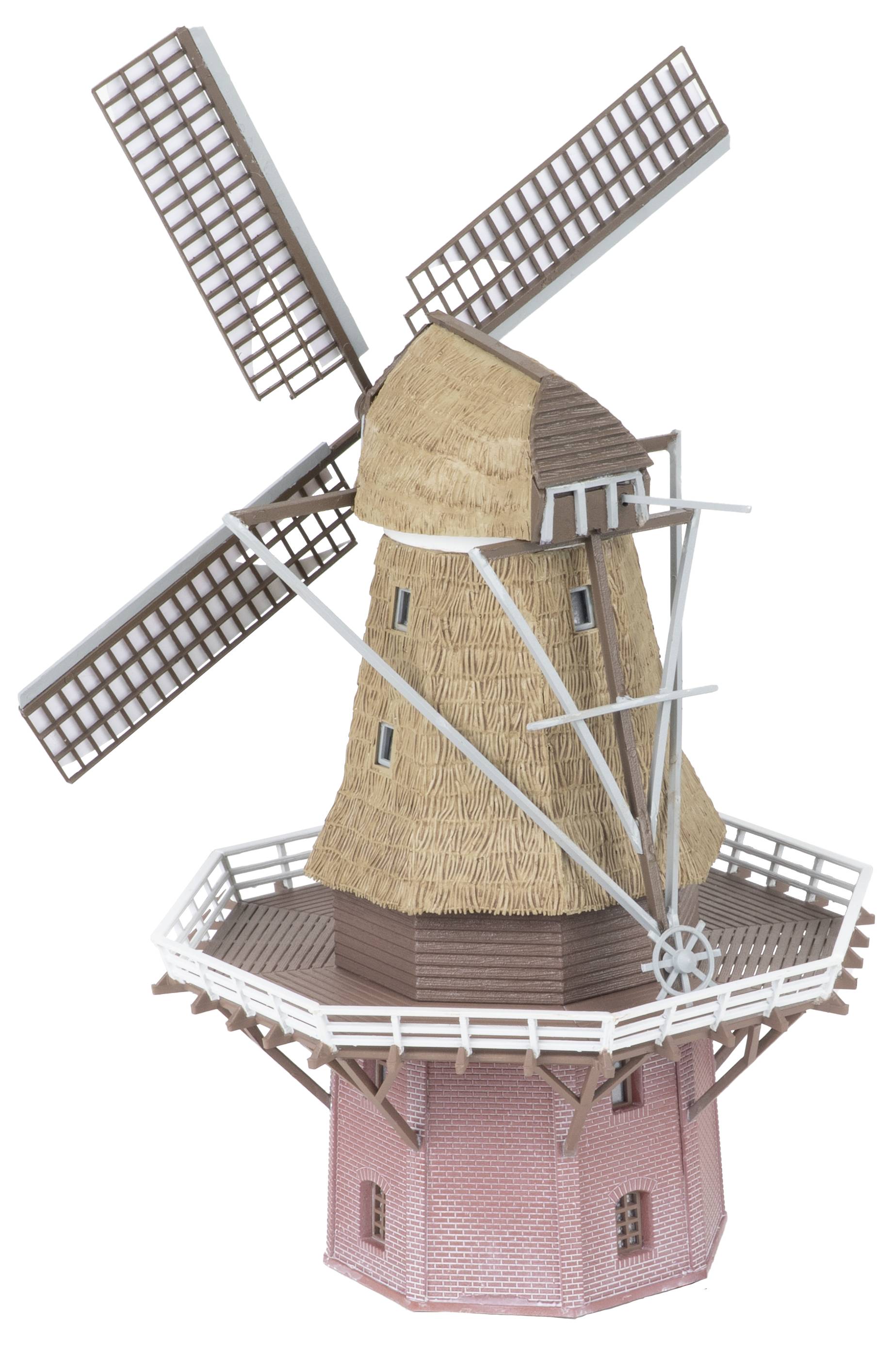 Model of a traditional windmill with four blades, a thatched tan tower, and a pink base on a white background.