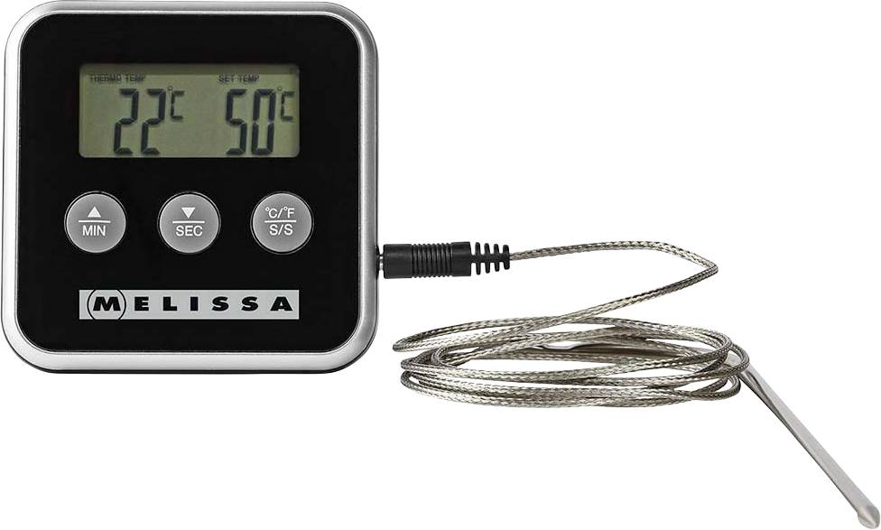 Digital thermometer with probe showing 22°C and 50°C on its display, with three control buttons and a coiled metal sensor cable.