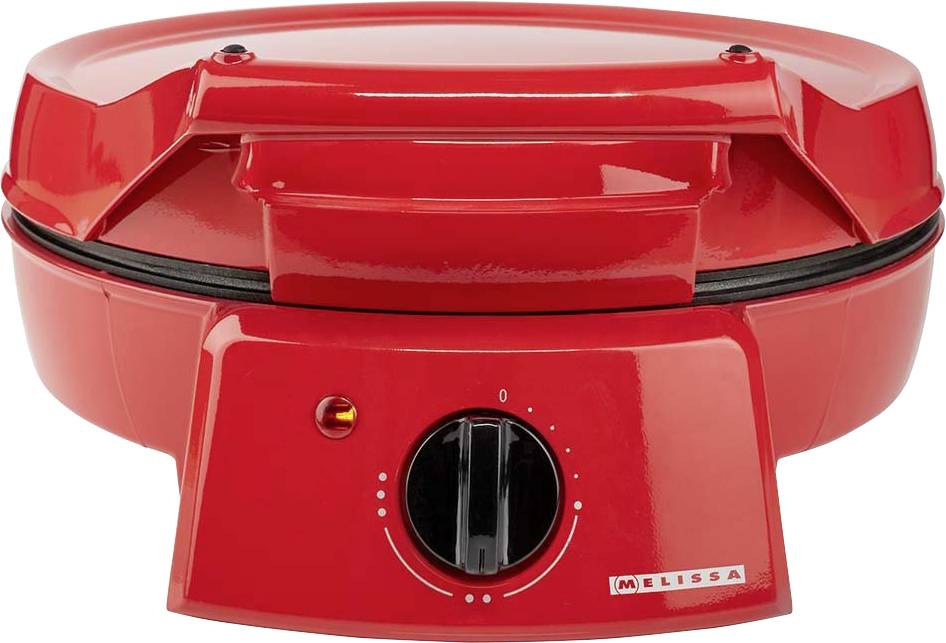 Red countertop grill or sandwich maker with a black temperature dial and 'MELISSA' logo on the front.