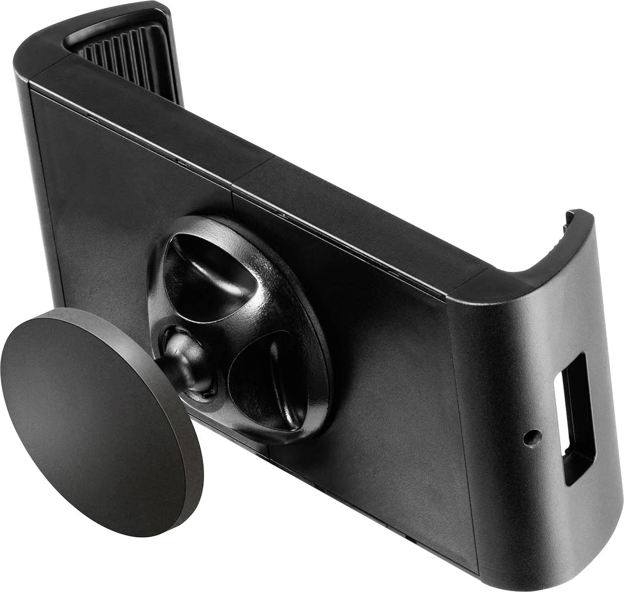 Black clamp-on phone holder with adjustable rotating mount and round suction pad, shown on a white background.