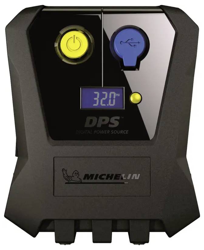 Michelin DPS digital power source device with yellow power button, blue USB port cover, and display reading 32.0