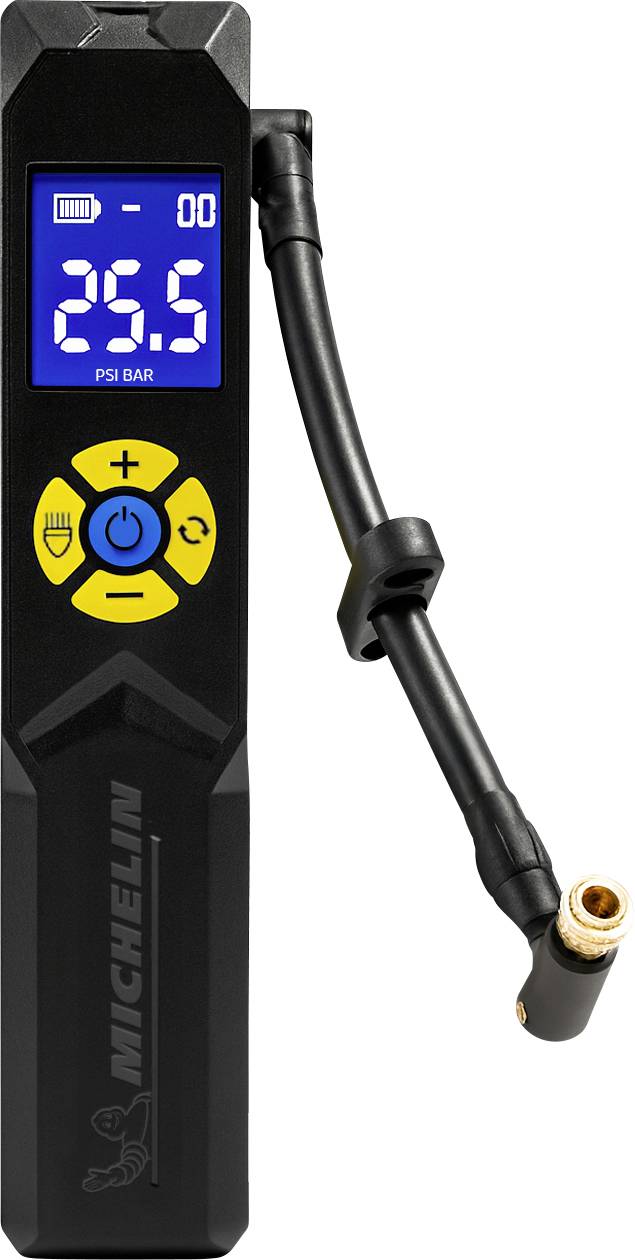 Digital Michelin tire inflator with blue LCD showing 25.5 PSI/bar and yellow control buttons, attached air hose and nozzle