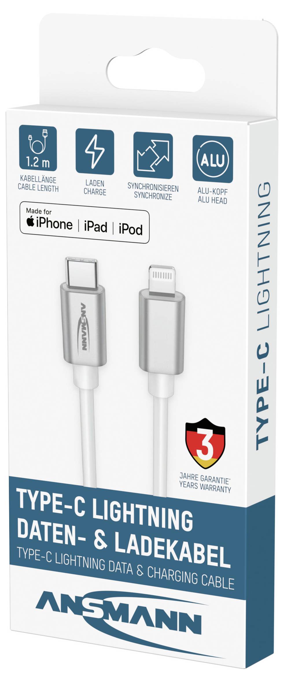 Ansmann Type-C to Lightning charging and data cable package for iPhone, showing 1.2 m length, 3-year warranty, and fast-charge icons.