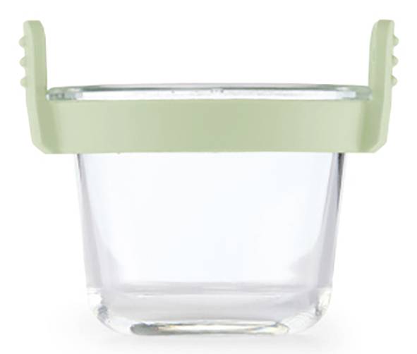 Transparent plastic cup with a light green snap-on lid and side handles, shown on a white background.