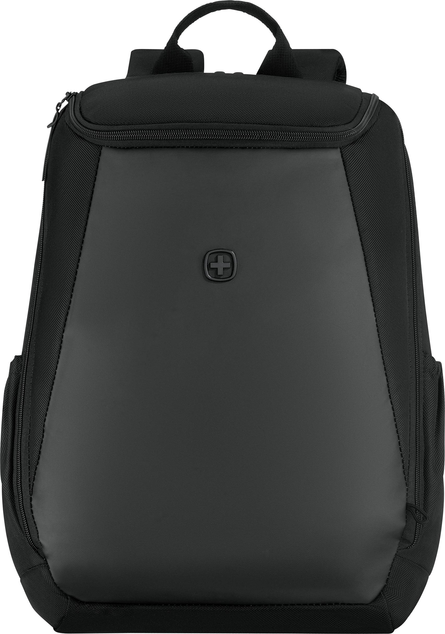 Black backpack with a front zip pocket, top handle, and padded shoulder straps on a white background.