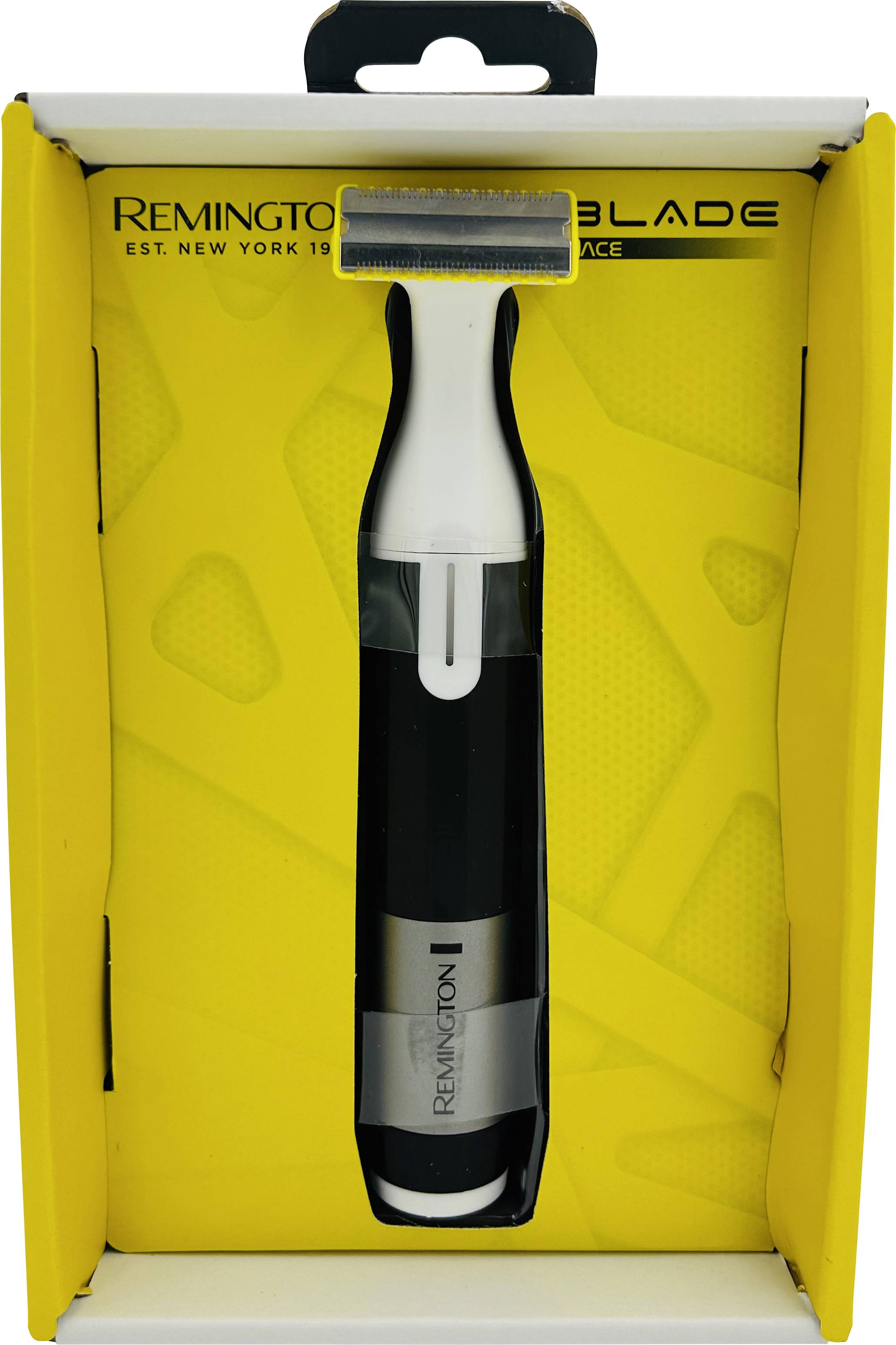 Remington electric shaver in yellow retail packaging with clear front window, centered and displayed vertically.