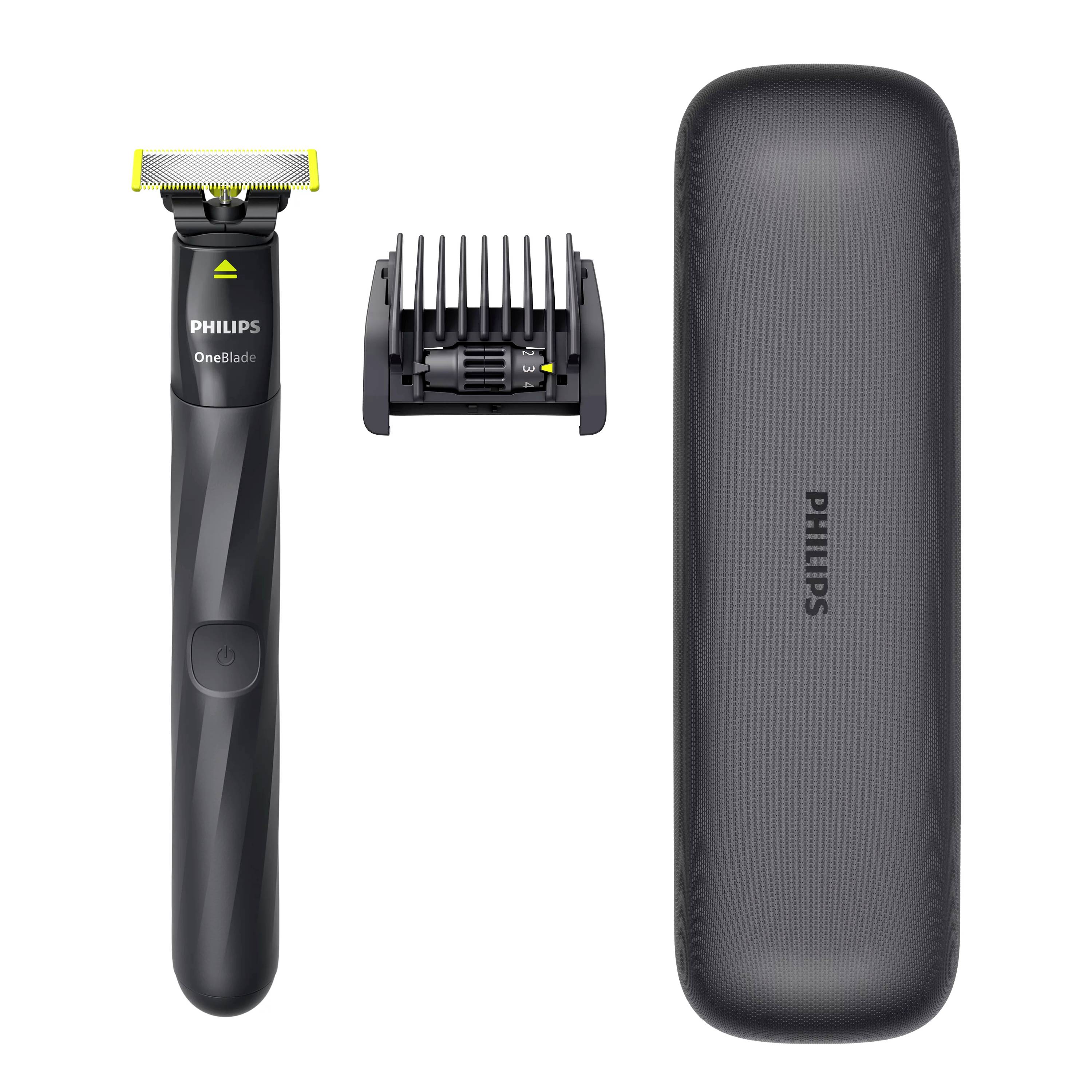 Philips OneBlade electric trimmer with blade, comb attachment, and travel case on a white background.