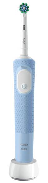 Electric toothbrush standing on a charging base, blue handle with power button and round bristle head.