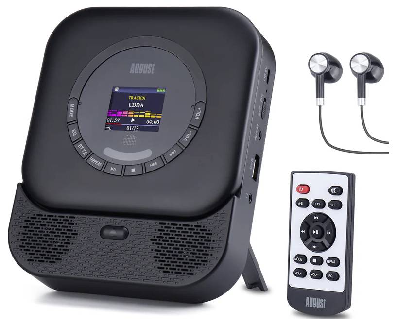 Portable Audiost CD player/boombox shown with wired earbuds and a remote control on a white background.