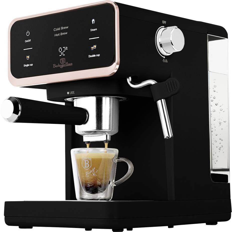 Black and rose-gold espresso machine brewing coffee into a clear mug, with steam wand and touch controls visible.