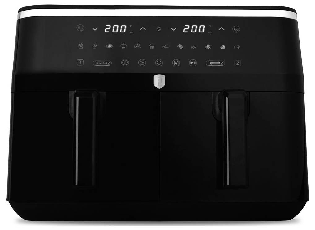 Black dual-basket air fryer with digital touch controls and two handles, showing both temperature displays set to 200.