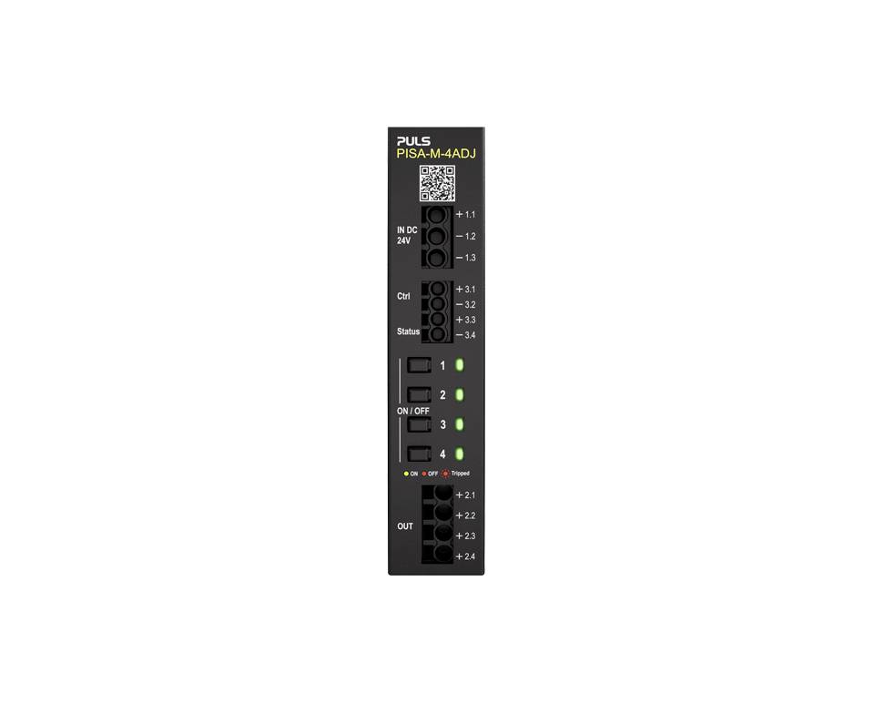 A black industrial I/O module labeled 'PISA-M-4ADJ' with multiple terminal ports, status indicators, and numbered LED channels.