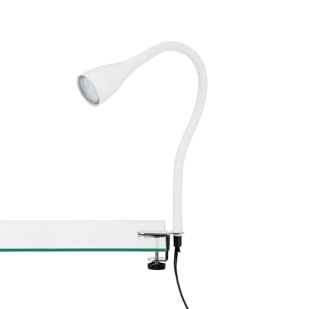 White clip-on LED reading lamp with flexible gooseneck attached to a glass shelf, shown against a plain background.