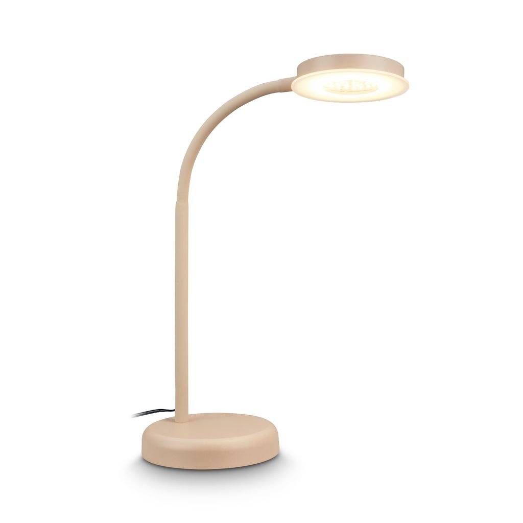 Beige modern LED desk lamp with curved neck, round base, and glowing circular light head on a white background.