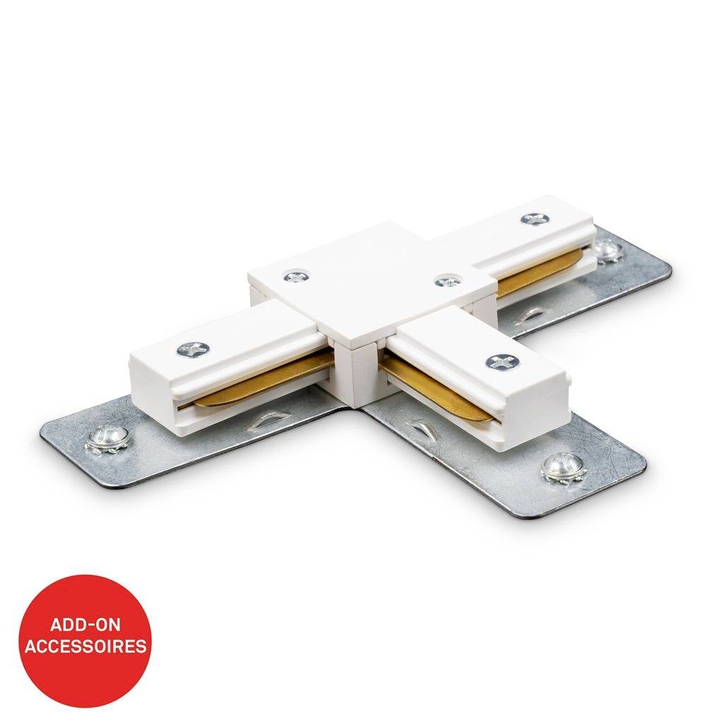 White X-shaped ceiling track connector with metal mounting plates and red 'ADD-ON ACCESSOIRES' badge on white background