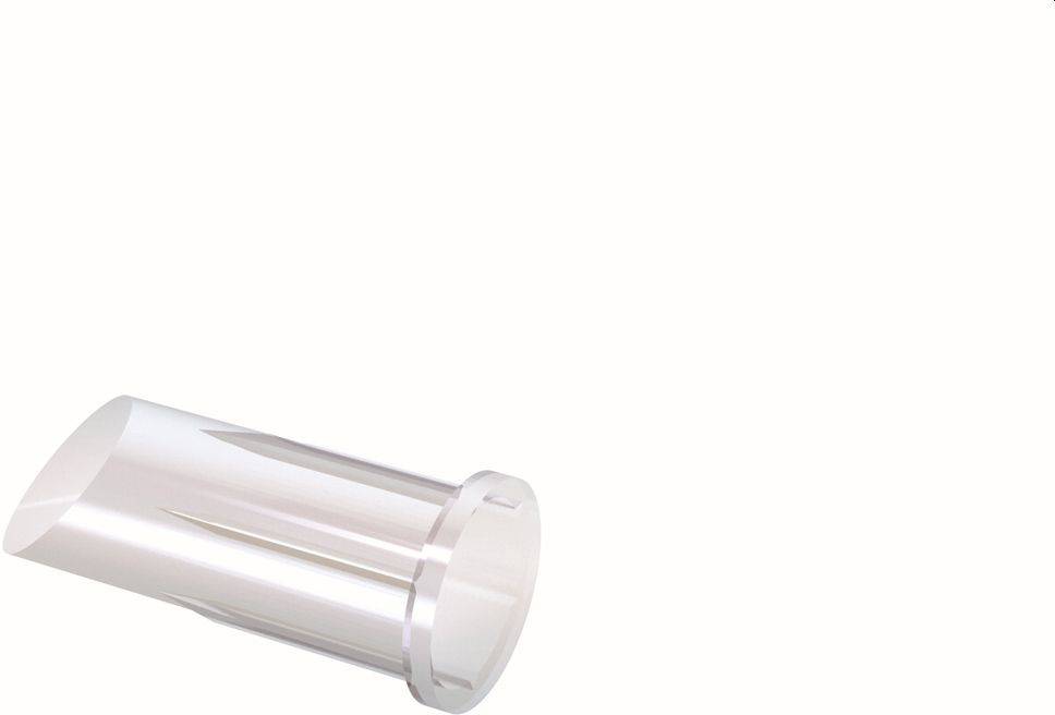 Clear cylindrical plastic sleeve or tube shown on a white background, angled slightly left.