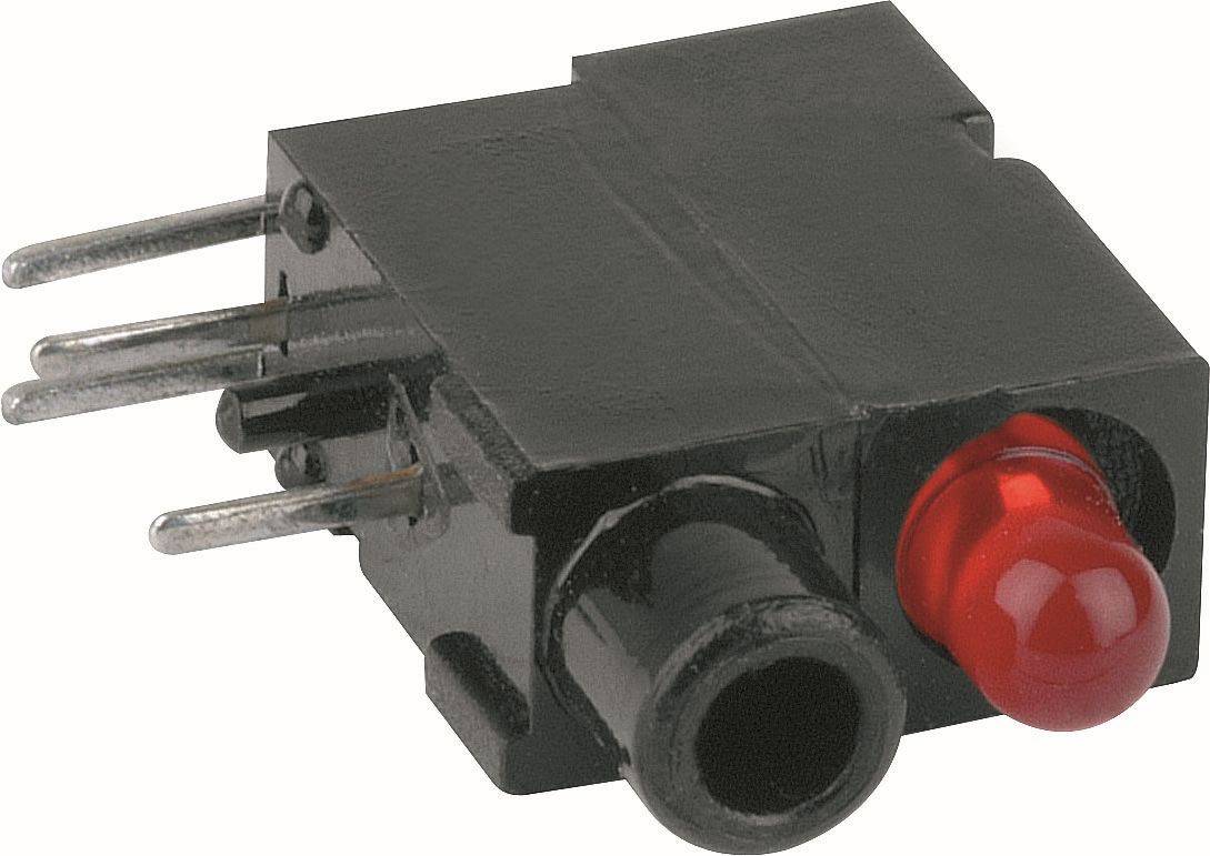 Close-up of a black electronic sensor module with three metal pins, a front-facing port, and a red indicator LED.
