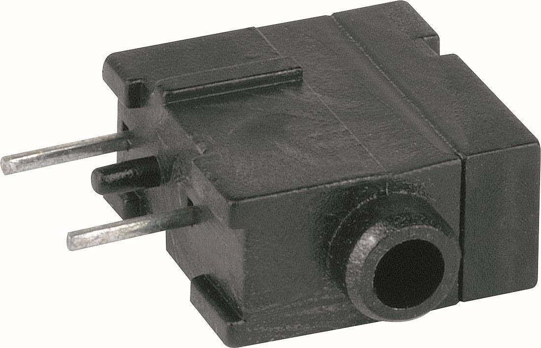 Close-up of a black 3.5 mm audio jack socket with two metal pins and a side mounting hole on a white background.