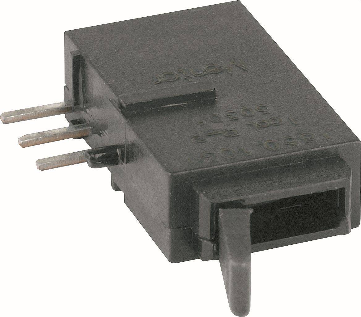 Black three-pin electronic connector switch with a protruding actuator, shown on a white background.