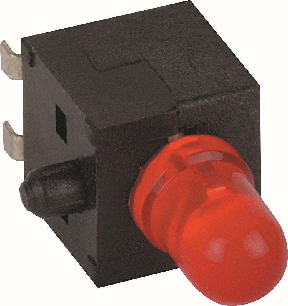 Close-up of a black panel-mount LED indicator switch with a glowing red lens and metal terminal pins.