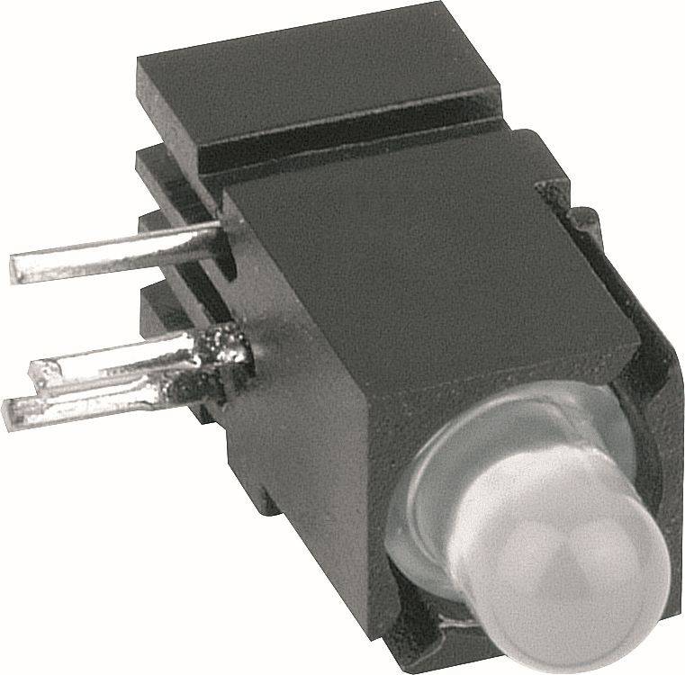 Close-up of a black panel-mounted LED indicator switch with two metal terminals and a round illuminated lens.