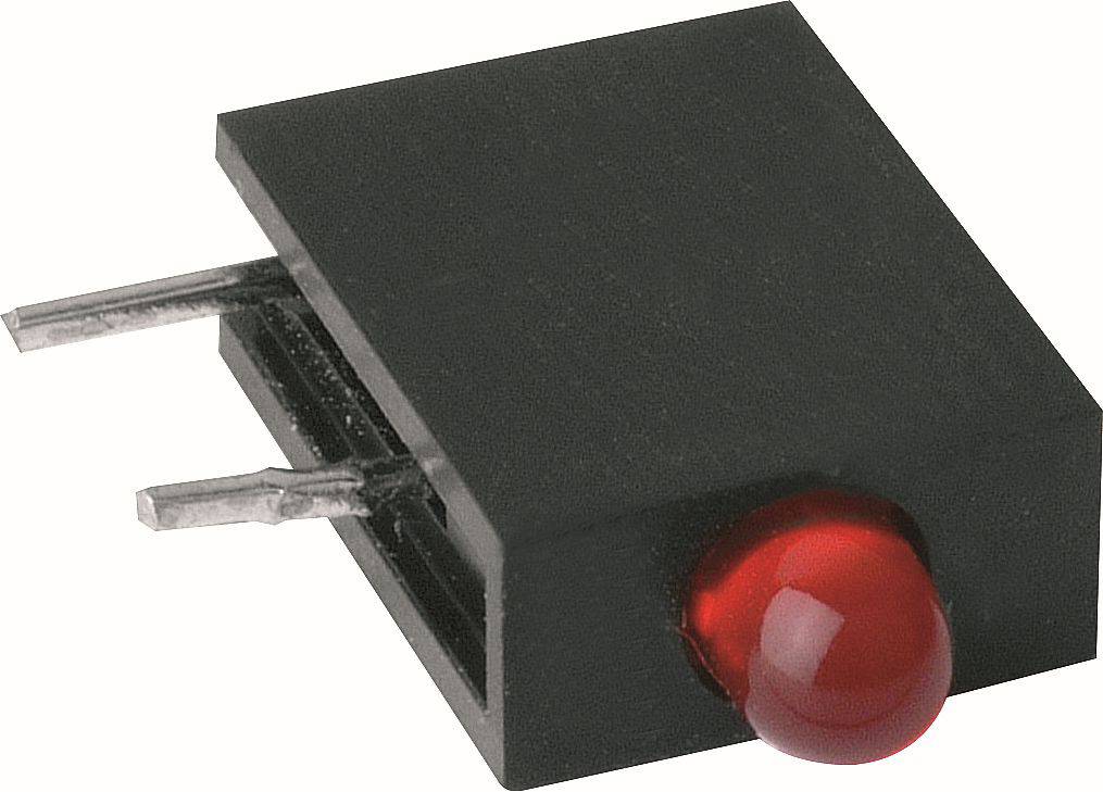 Black electronic component with two metal pins and a red LED indicator on the front.