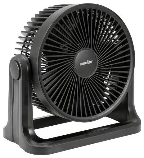 Black Eurolite tabletop fan with round grille and adjustable tilt on a U-shaped stand, shown on a white background.