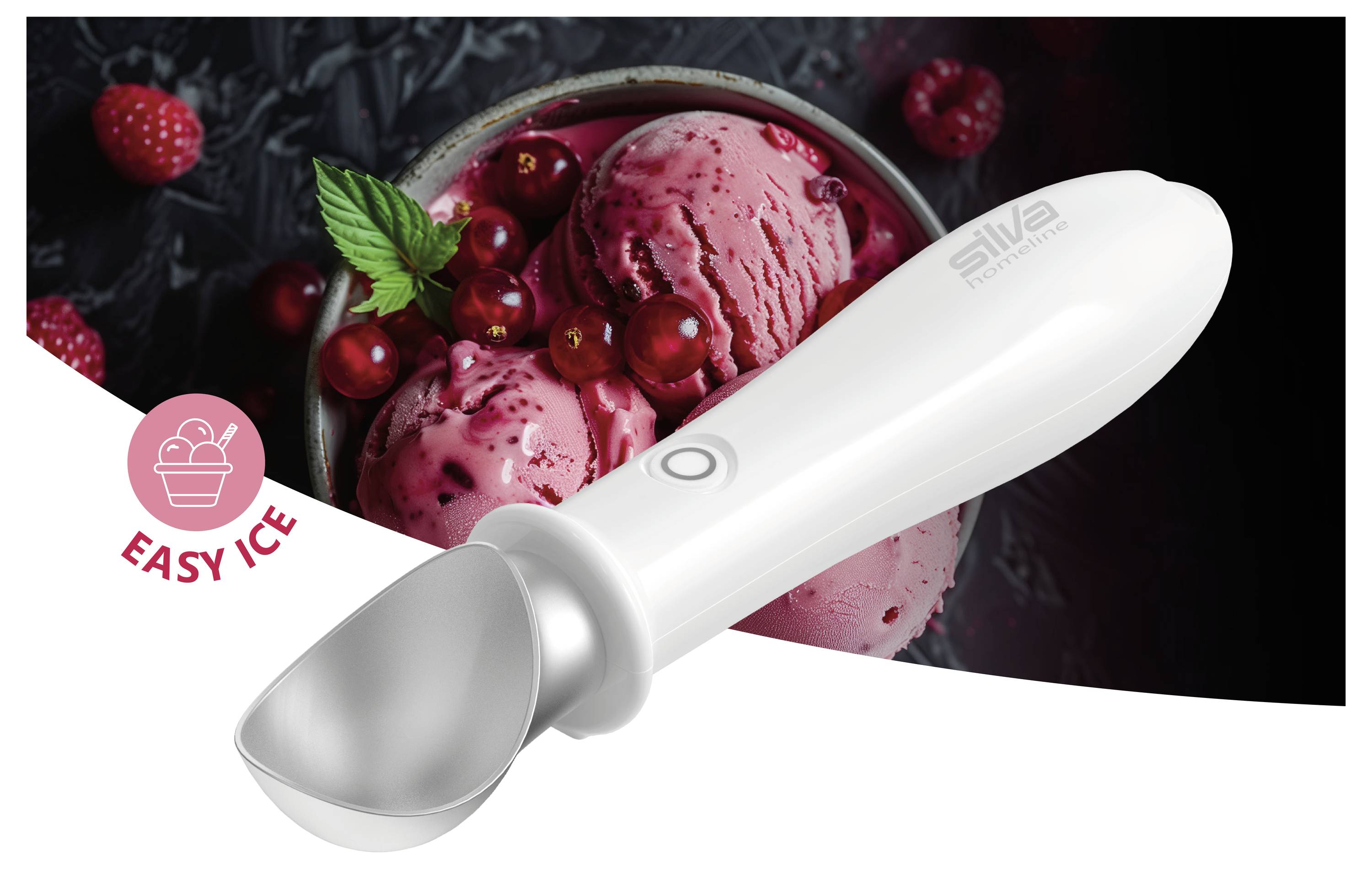 Electric ice cream scoop over pink berry ice cream with 'EASY ICE' label, showing easy-release scooping tool.