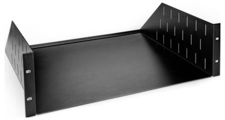 Black metal rack shelf with perforated side brackets for mounting equipment in a server or audio rack.