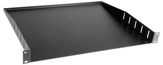Black metal server rack shelf tray with raised sides and front mounting brackets for supporting equipment in a rack.