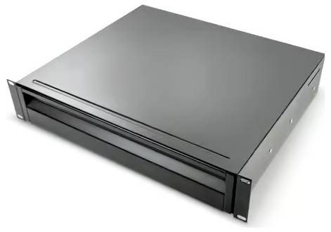 Black rack-mount sliding drawer enclosure with front handle and mounting ears, shown on a white background.