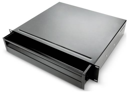 Black metal rack-mount drawer partially open on a white background.