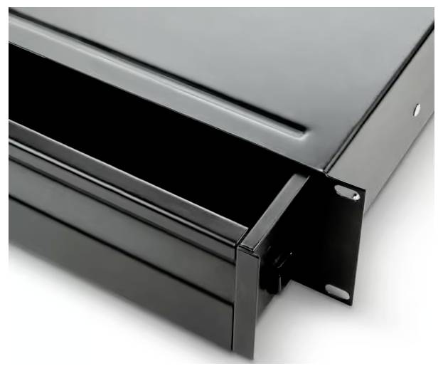 Black metal drawer or cabinet slide bracket with slotted mounting holes, shown in close-up on a white background.