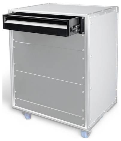 Silver metal storage cart with a black top drawer and blue caster wheels, shown on a white background.