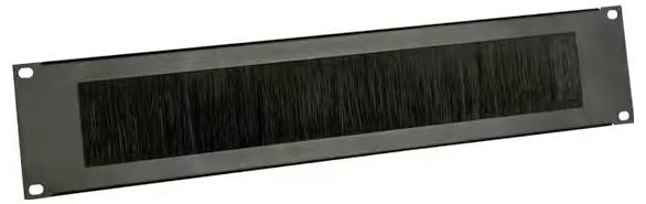 Black rectangular brush cable pass-through panel with long bristles and mounting holes at each corner.